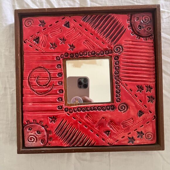Ceramic Red Framed Mirror Hand Made 9.5 X 9.5 Stars Circles Sun - Picture 3 of 8